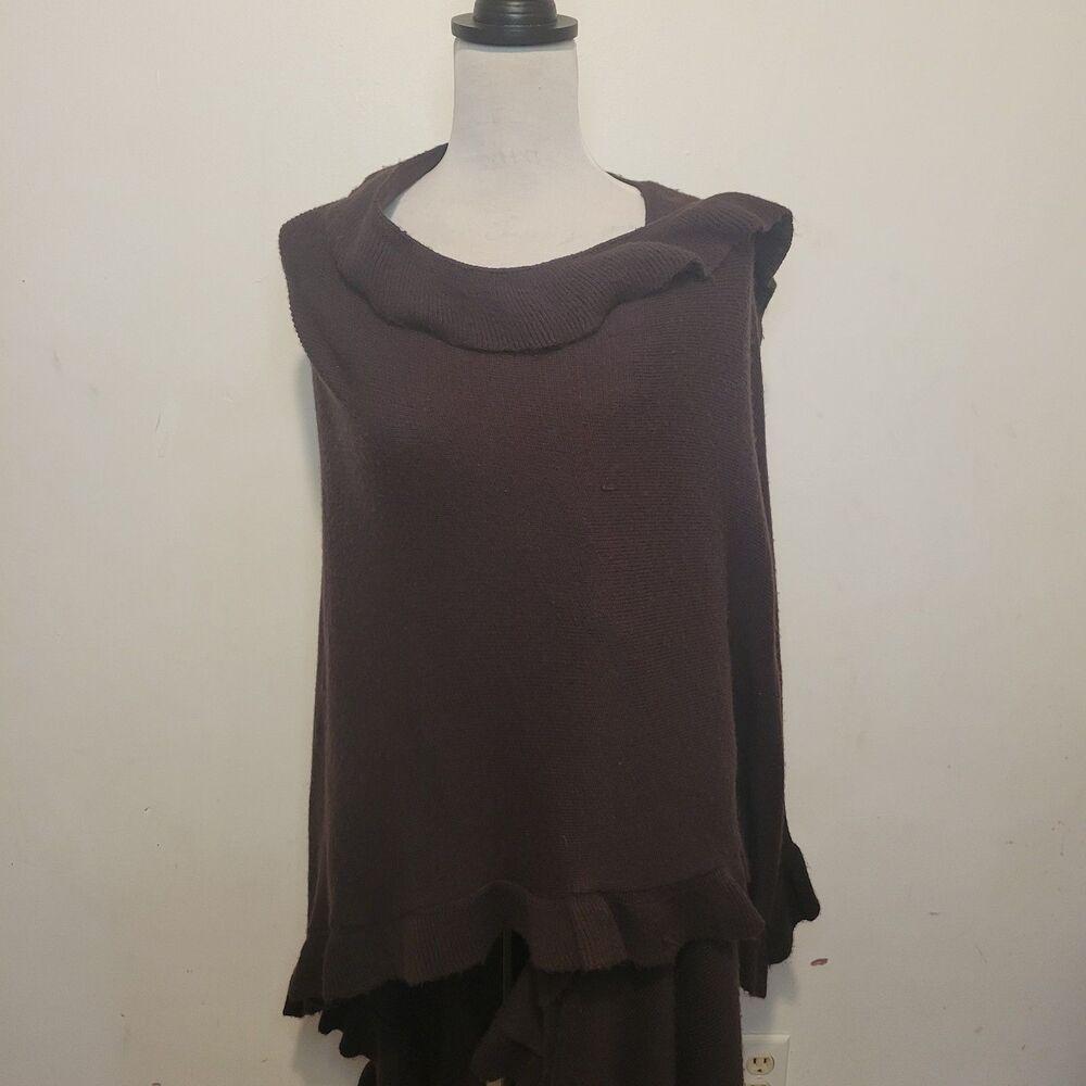 Croft & Barrow Brown Ruffle Open Front Knit Poncho Wrap Shawl One Size